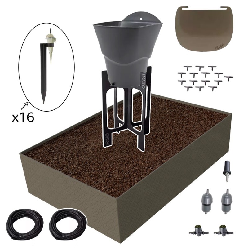Carré potager 80x120cm - Arrosage autonome goutte à goutte - Kit 16 plants  - Couleurs: Gris