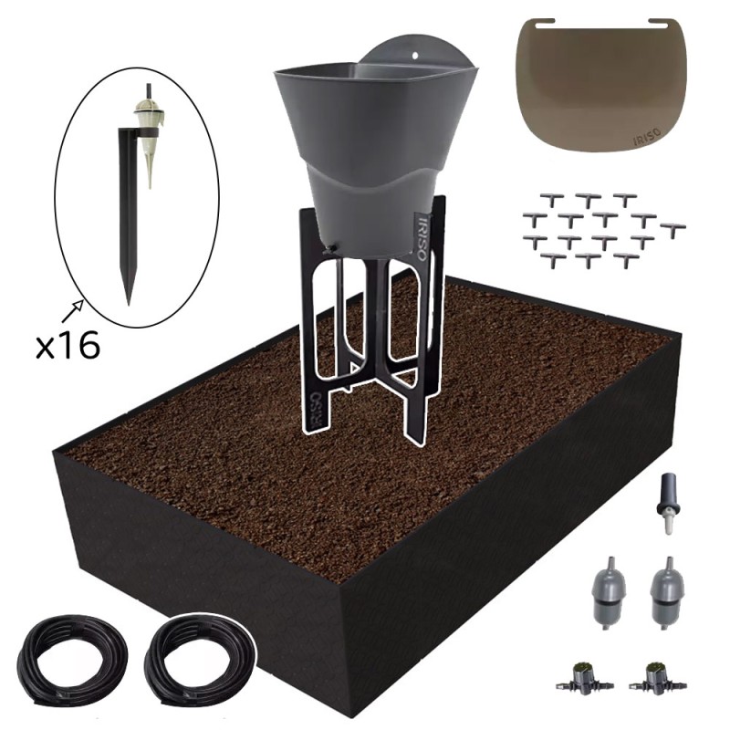 Carré potager 80x120cm - Arrosage autonome goutte à goutte - Kit 16 plants  - Couleurs: Noir
