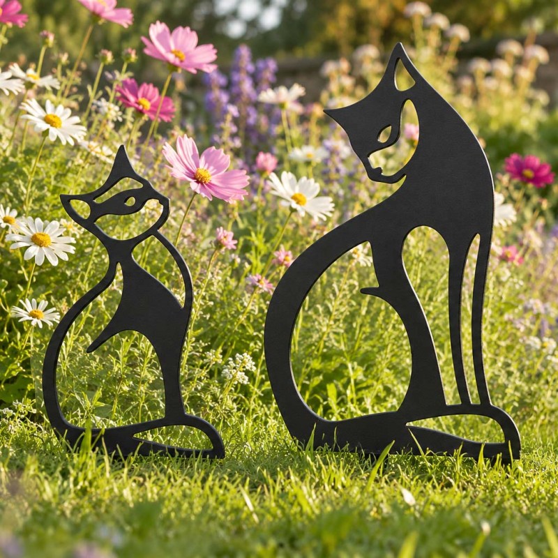 duo chats décoratifs à piquer dans le jardin couleur noir