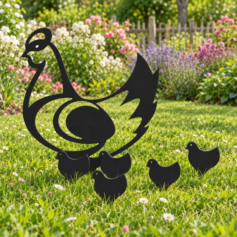 poule et poussins pour décorer le jardin